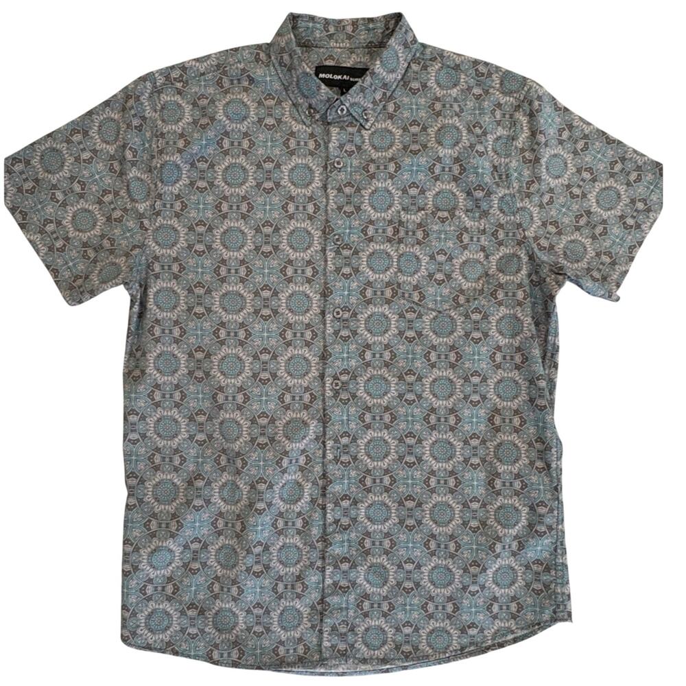 Molokai Surf Co Mandala Gray Khaki Blue Short Sleeve Hawaiian Shirt Men  L